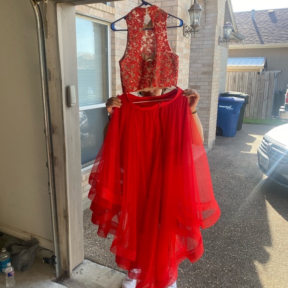 Red Beaded Two Piece Prom Dress - Picture 2 of 6